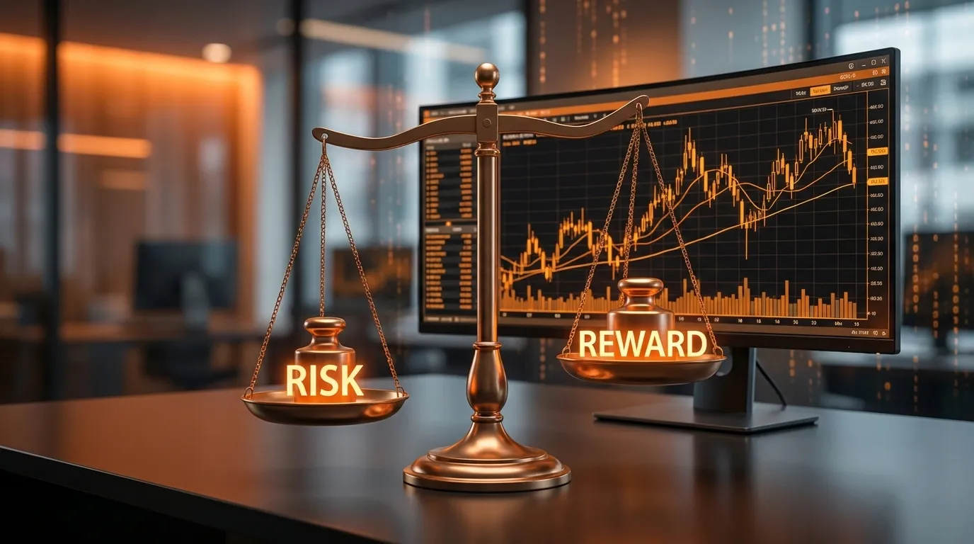 Balance scale illustrating risk-reward ratio concept with trading chart background