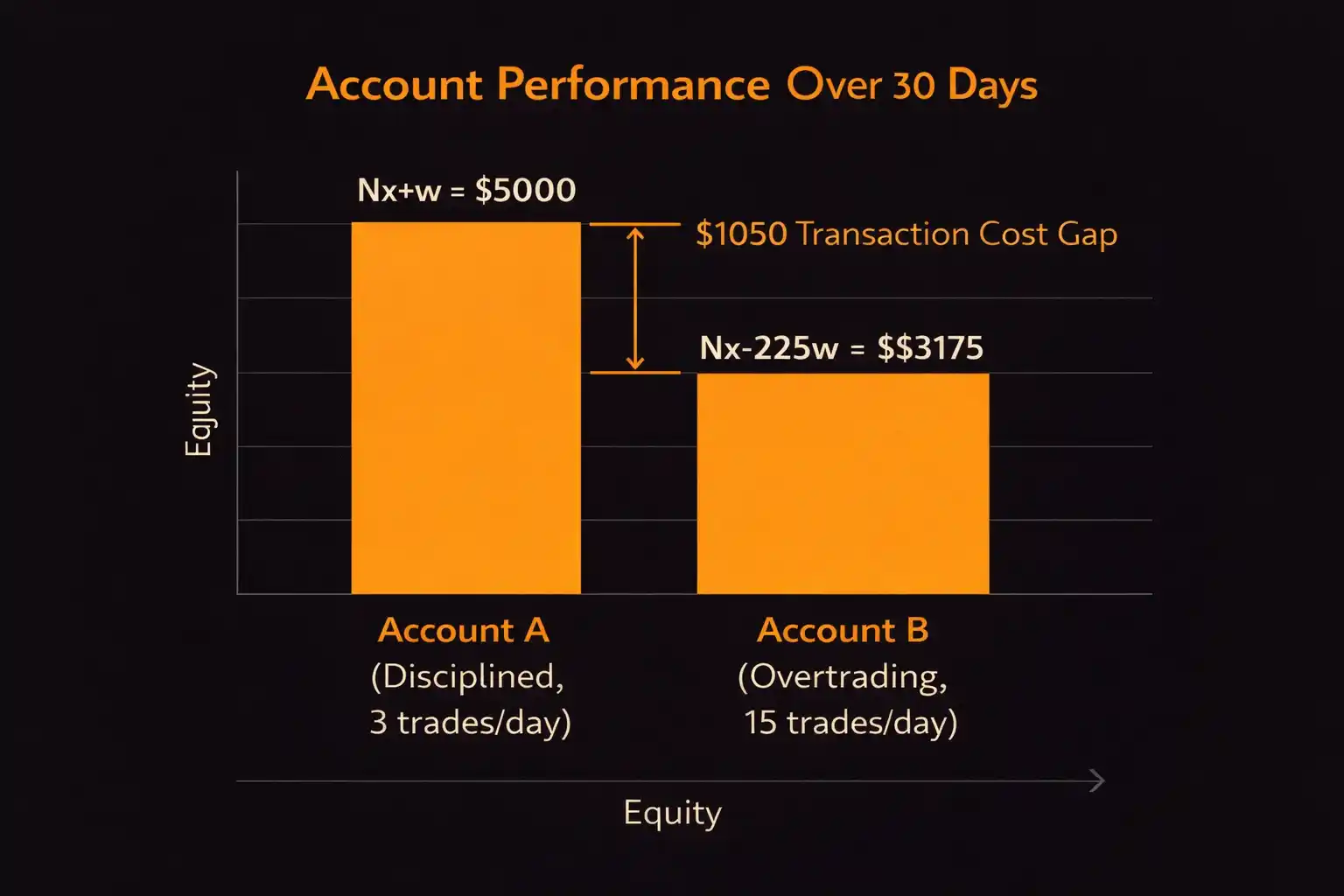 Bar chart comparing disciplined trader with 3 daily trades versus overtrader with 15 daily trades over 30 days - MonkeyTrade Bar chart comparing disciplined trader with 3 daily trades versus overtrader with 15 daily trades over 30 days