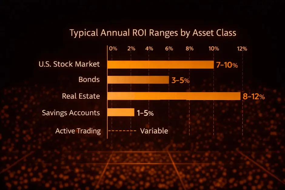 Bar chart showing typical annual ROI ranges across asset classes - MonkeyTrade Bar chart showing typical annual ROI ranges across asset classes