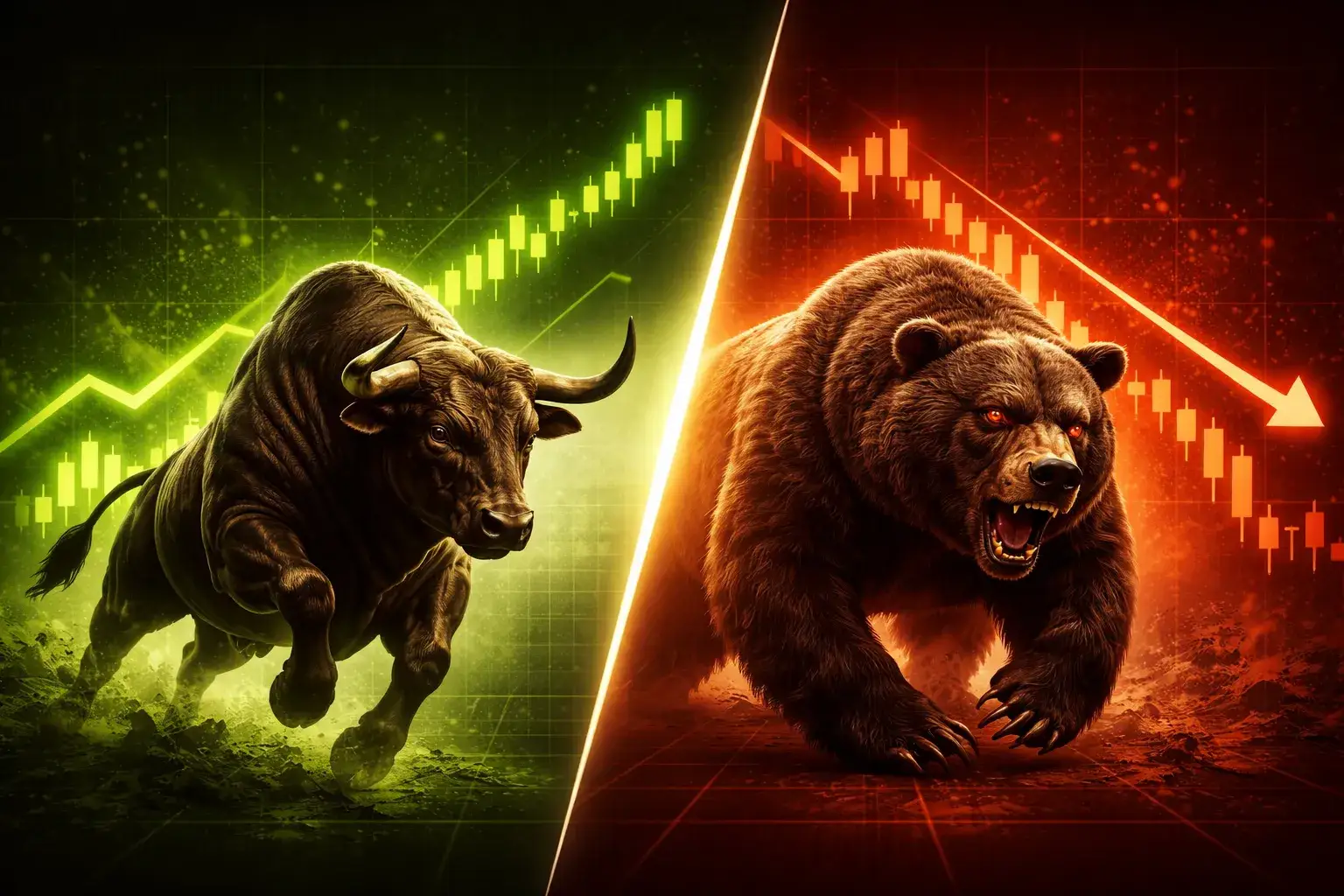 Bull and bear illustration representing bull vs bear market cycles - MonkeyTrade Bull and bear illustration representing bull vs bear market cycles