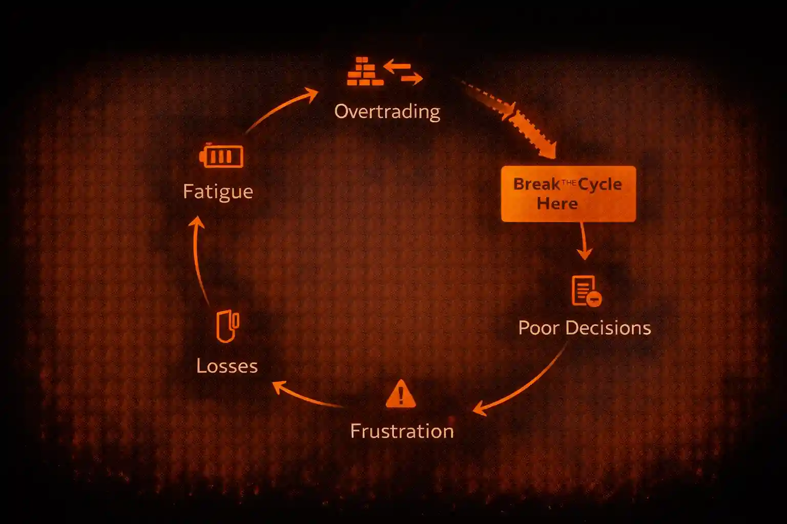 Burnout cycle diagram showing overtrading fatigue losses frustration loop with break point - MonkeyTrade Burnout cycle diagram showing overtrading fatigue losses frustration loop with break point