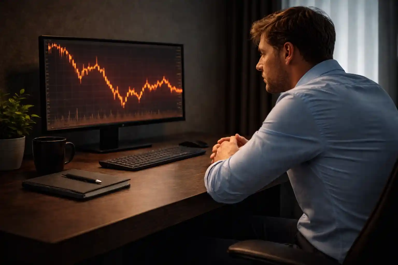 Calm trader at organized desk with notebook and trading screen showing controlled focus_11zon - MonkeyTrade Calm trader at organized desk with notebook and trading screen showing controlled focus_11zon