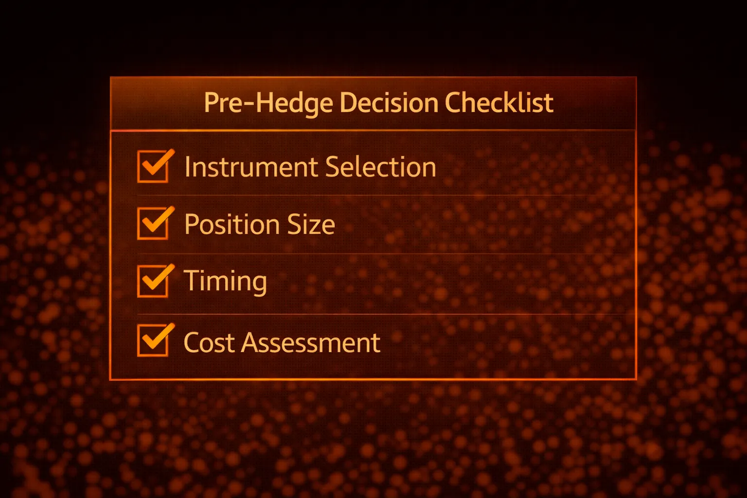 Checklist infographic showing four key factors to evaluate before implementing a hedge