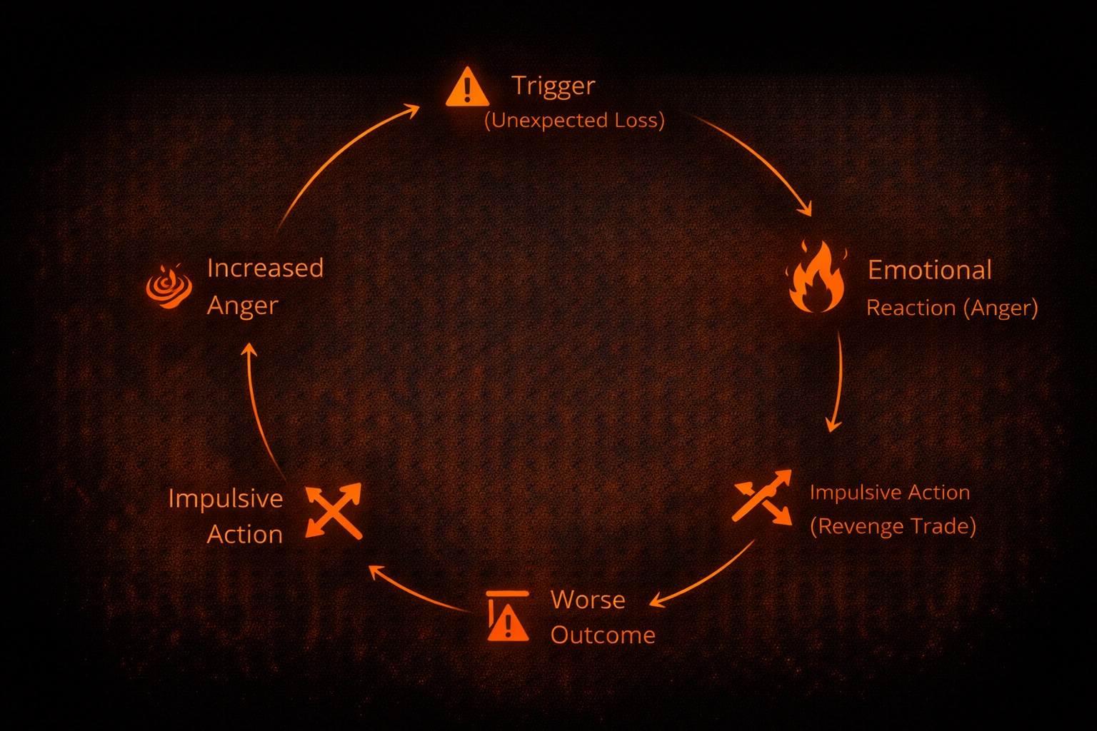 Circular flowchart showing the anger cycle in trading from loss trigger to revenge trade loop - MonkeyTrade Circular flowchart showing the anger cycle in trading from loss trigger to revenge trade loop