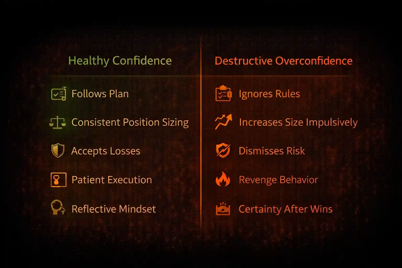 Comparison chart contrasting signs of healthy trading confidence versus dangerous overconfidence - MonkeyTrade Comparison chart contrasting signs of healthy trading confidence versus dangerous overconfidence
