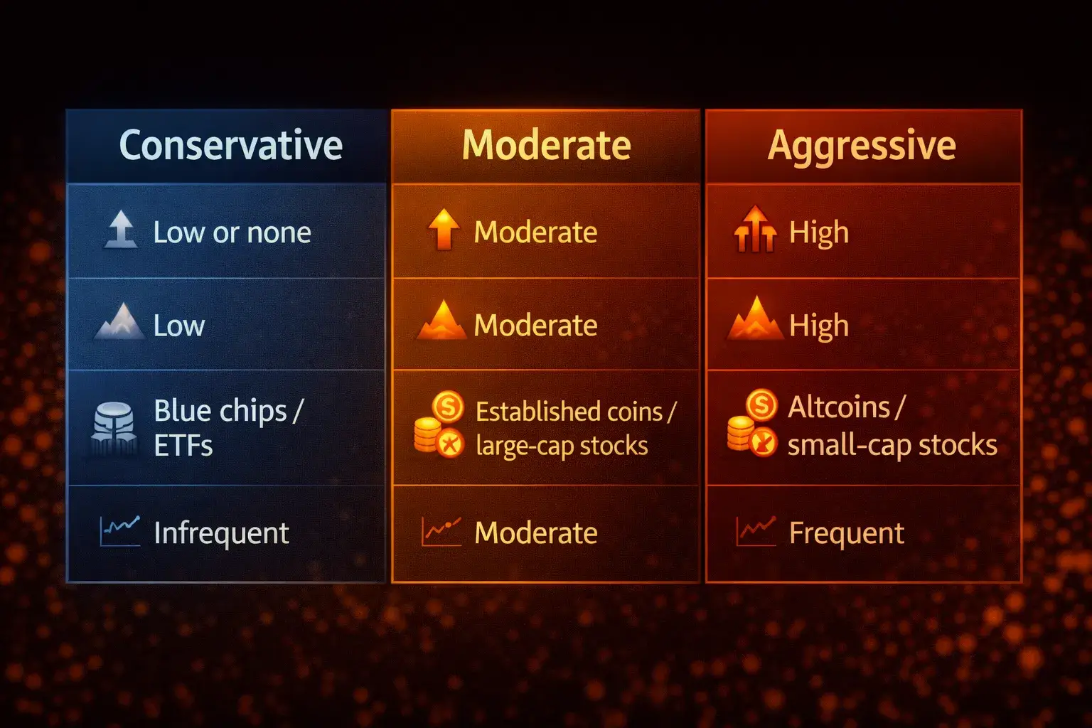 Comparison chart of conservative, moderate, and aggressive trading risk profiles - MonkeyTrade Comparison chart of conservative, moderate, and aggressive trading risk profiles