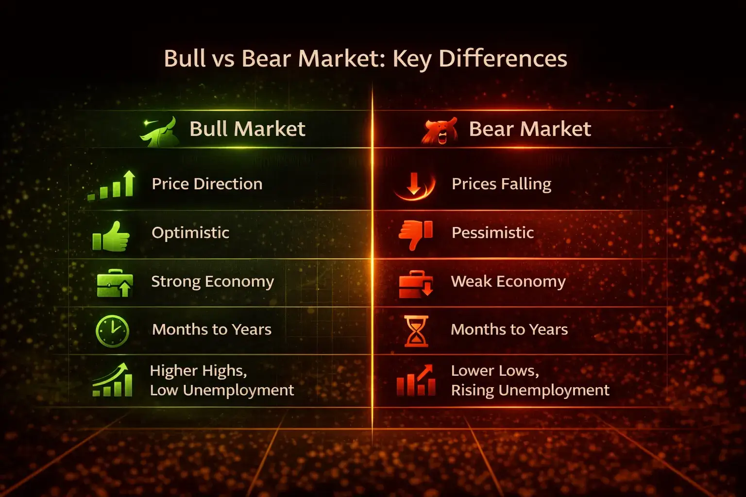 Comparison chart showing bull market vs bear market characteristics - MonkeyTrade Comparison chart showing bull market vs bear market characteristics