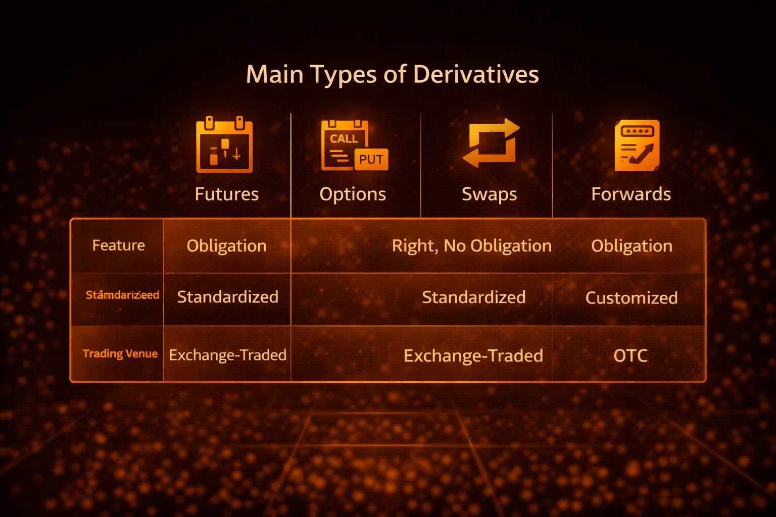 Comparison chart showing the four main derivative types futures, options, swaps, and forwards - MonkeyTrade Comparison chart showing the four main derivative types futures, options, swaps, and forwards