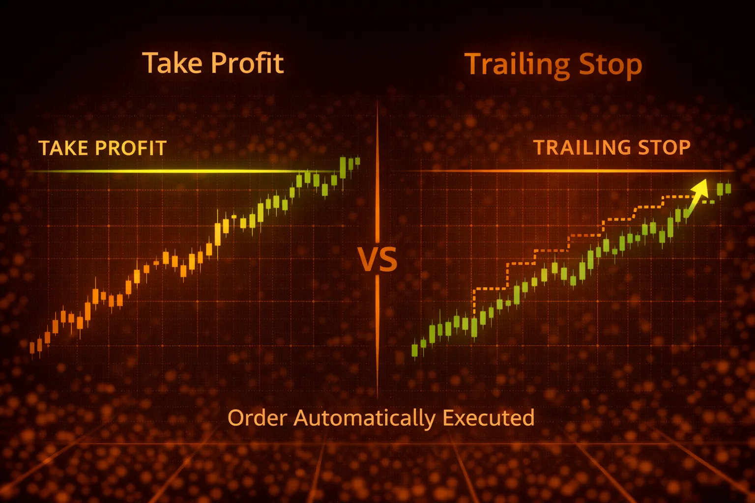 Comparison diagram of take profit order versus trailing stop order - MonkeyTrade Comparison diagram of take profit order versus trailing stop order