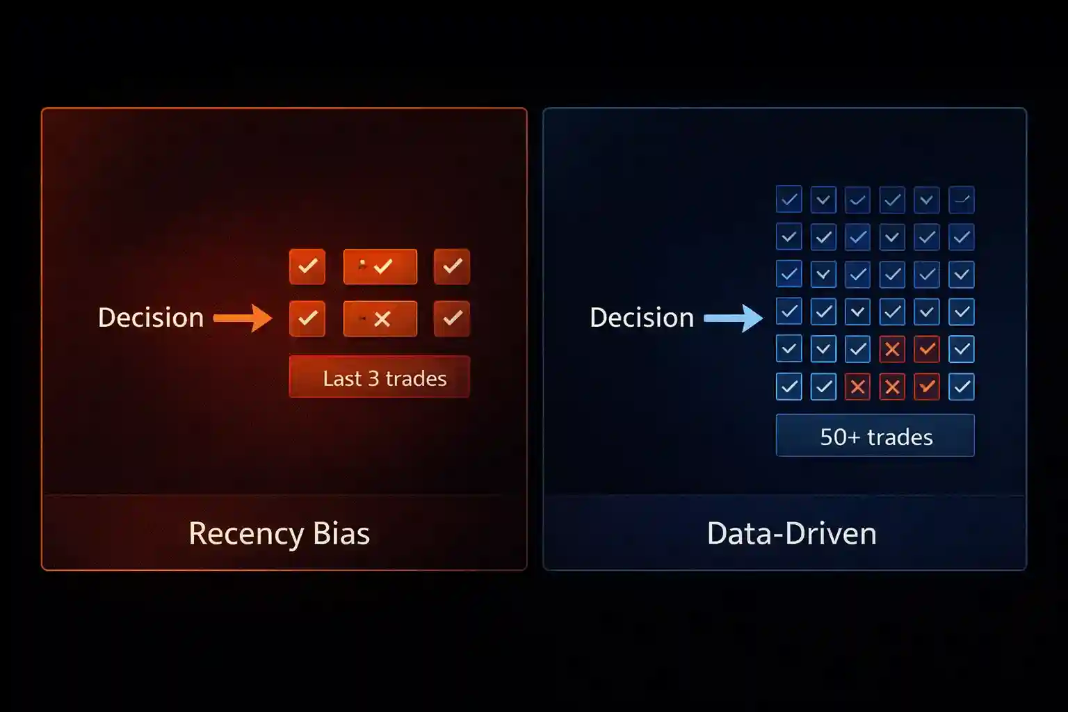 Comparison diagram showing recency bias decision-making based on 3 trades versus data-driven evaluation based on 50-plus trades