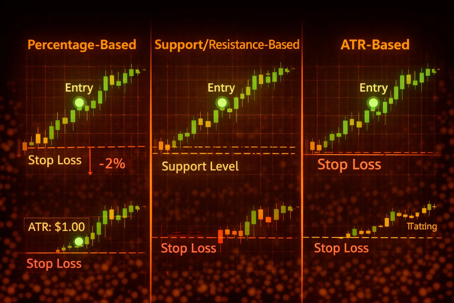 Comparison of stop loss placement methods percentage, support, and ATR-based