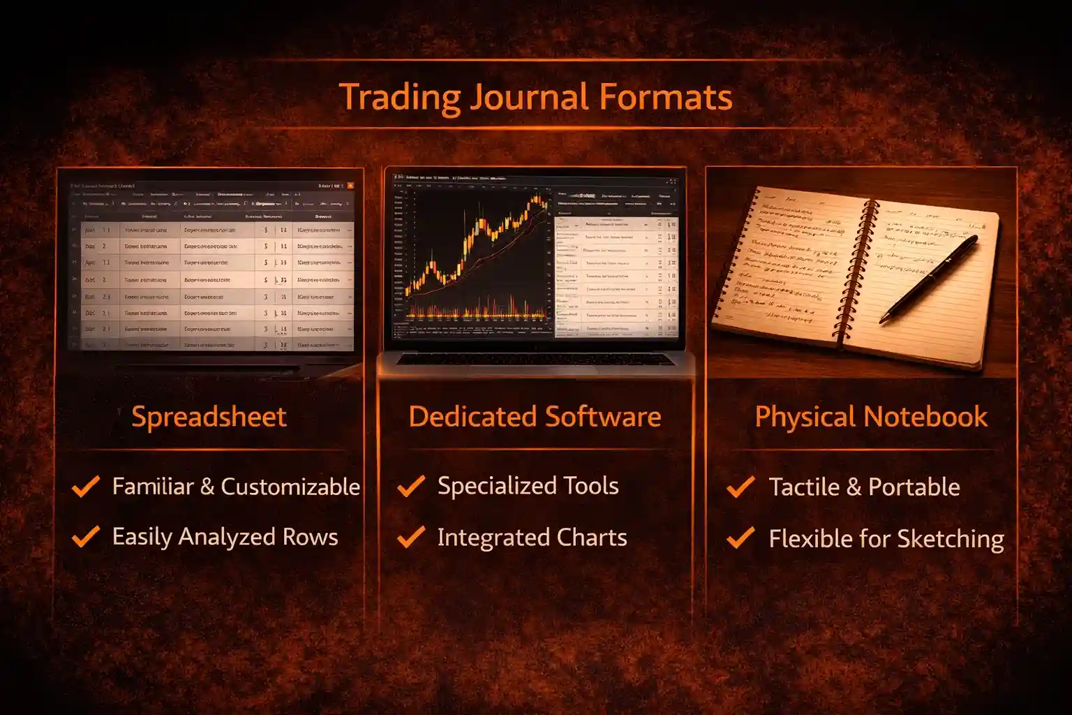 Comparison of trading journal formats_ spreadsheet, dedicated software, and physical notebook - MonkeyTrade Comparison of trading journal formats_ spreadsheet, dedicated software, and physical notebook