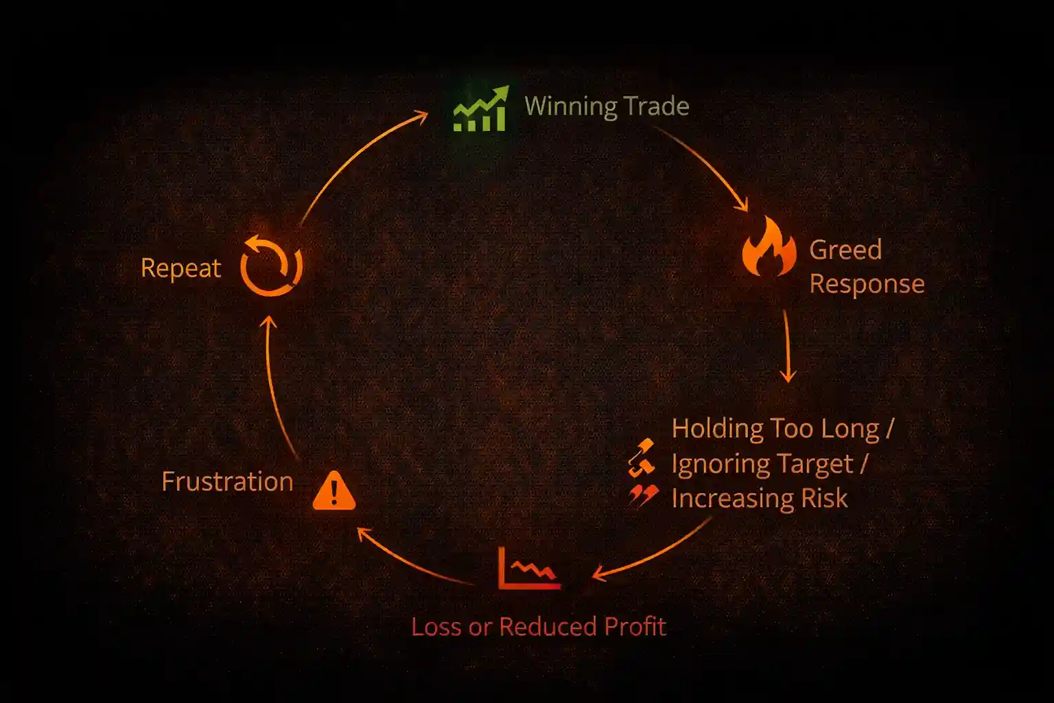 Cycle diagram showing how greed leads from winning trades through destructive behaviors to losses and frustration