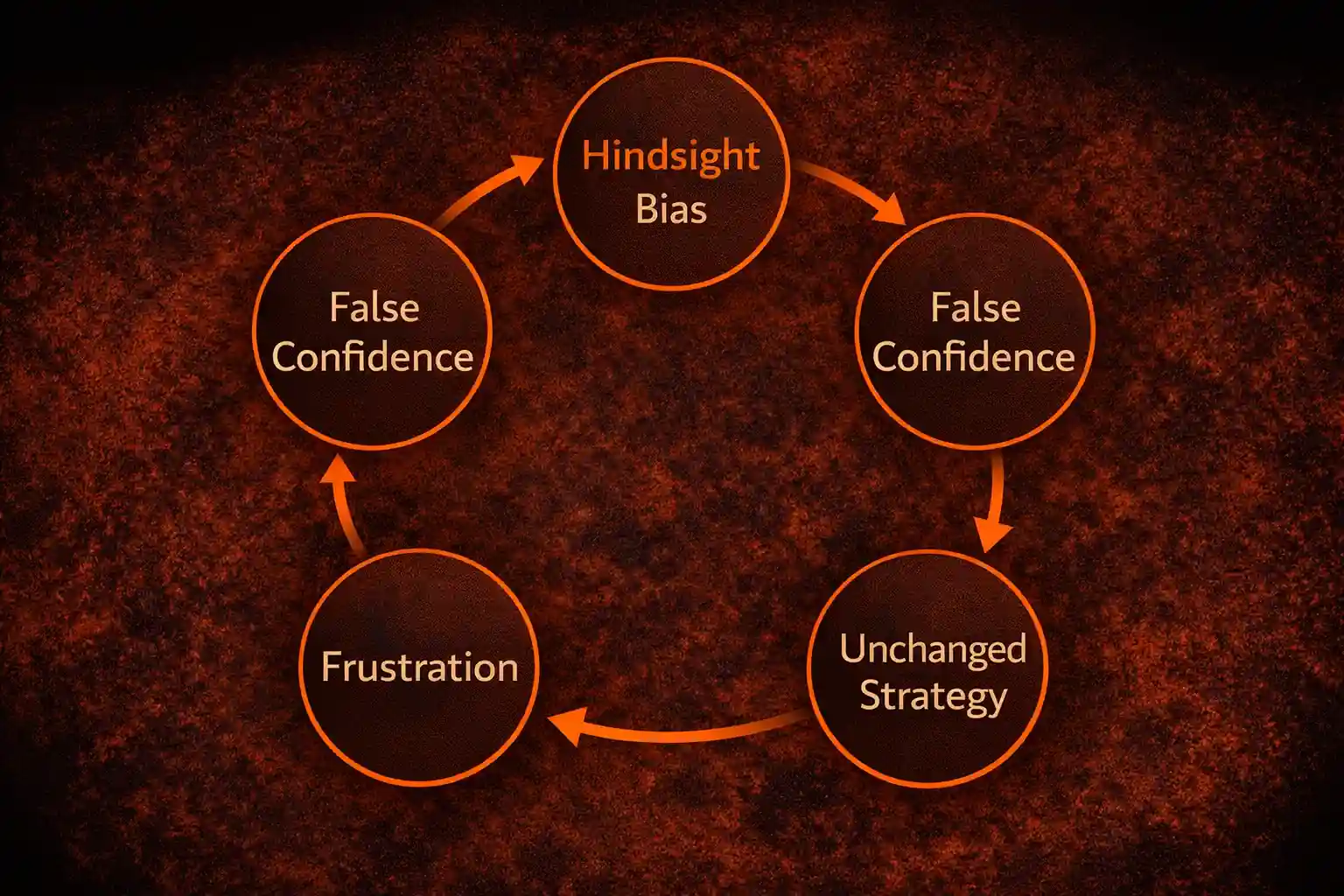 Cycle diagram showing how hindsight bias creates a loop of false confidence, unchanged strategy, repeated mistakes, and frustration - MonkeyTrade Cycle diagram showing how hindsight bias creates a loop of false confidence, unchanged strategy, repeated mistakes, and frustration