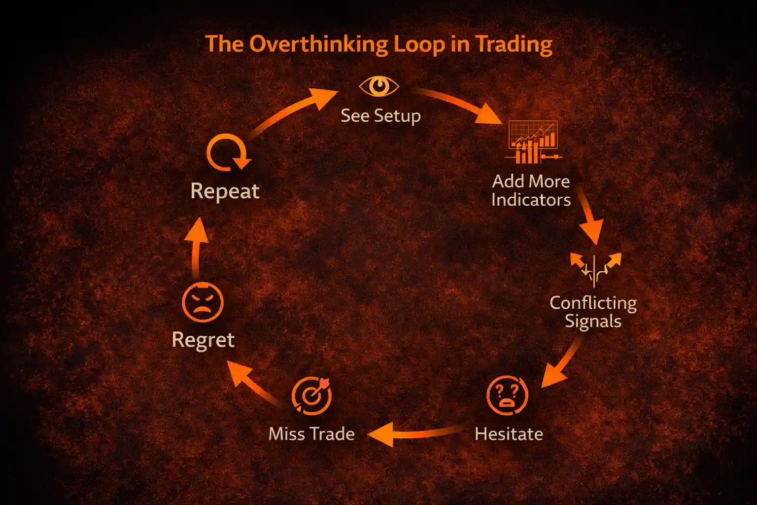 Cycle diagram showing the overthinking loop in trading from setup identification through regret and repetition - MonkeyTrade Cycle diagram showing the overthinking loop in trading from setup identification through regret and repetition