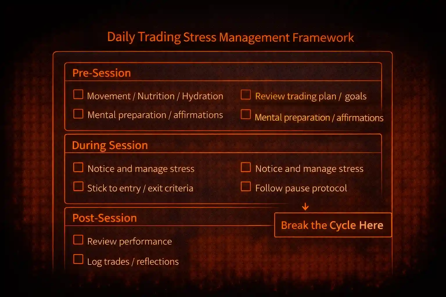 Daily trading stress management framework template with pre-session during-session and post-session checkpoints - MonkeyTrade Daily trading stress management framework template with pre-session during-session and post-session checkpoints