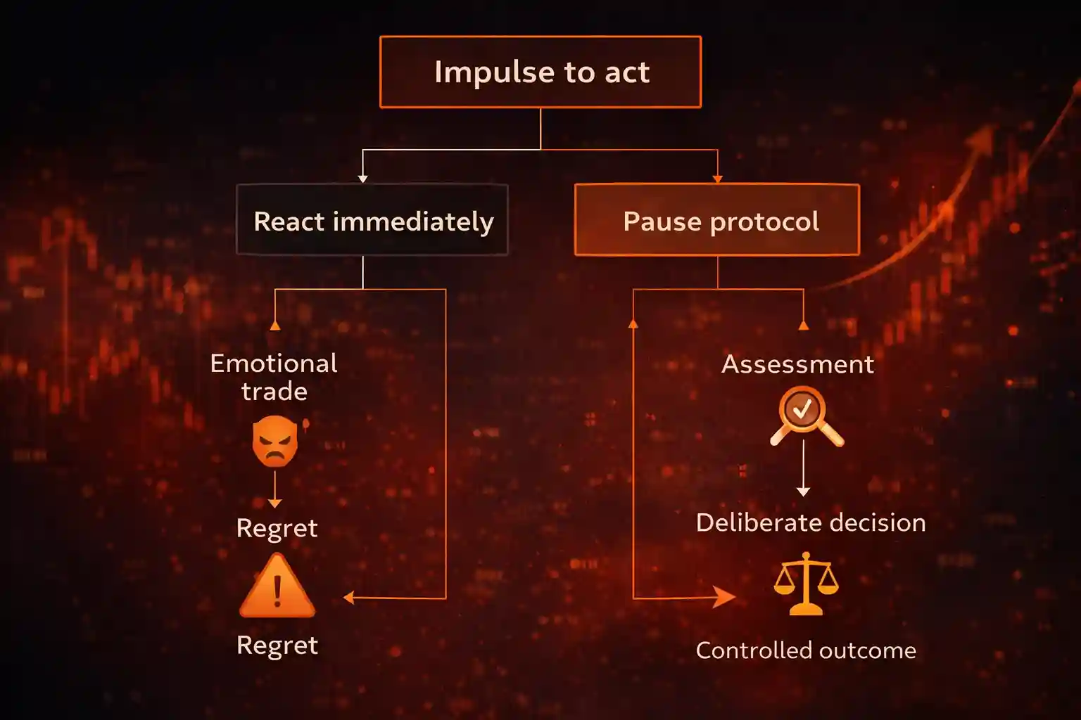 Decision tree comparing reactive trading versus the Pause Protocol for managing trading impulses - MonkeyTrade Decision tree comparing reactive trading versus the Pause Protocol for managing trading impulses