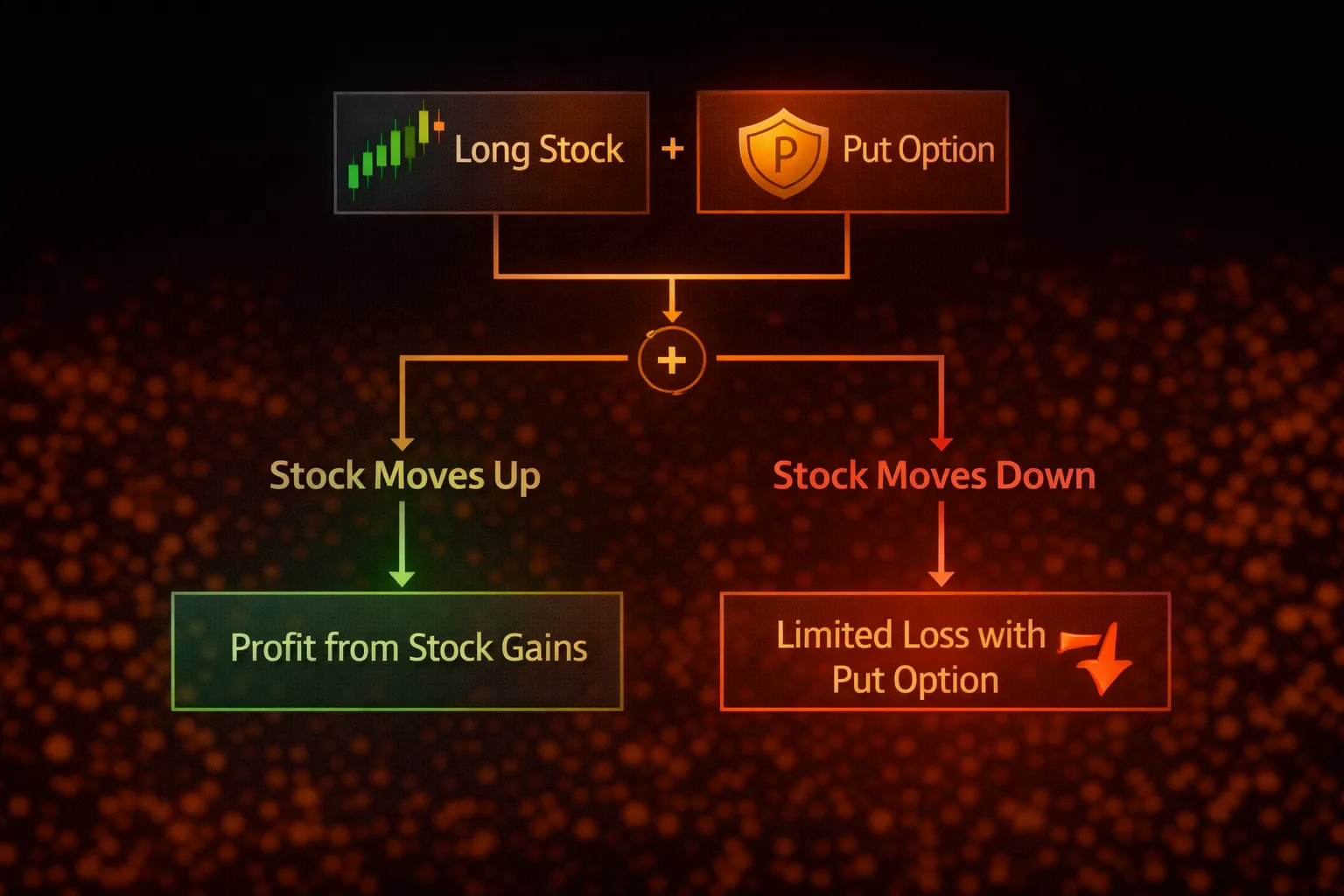Diagram illustrating protective put strategy showing stock position paired with put option and resulting profit-loss outcomes