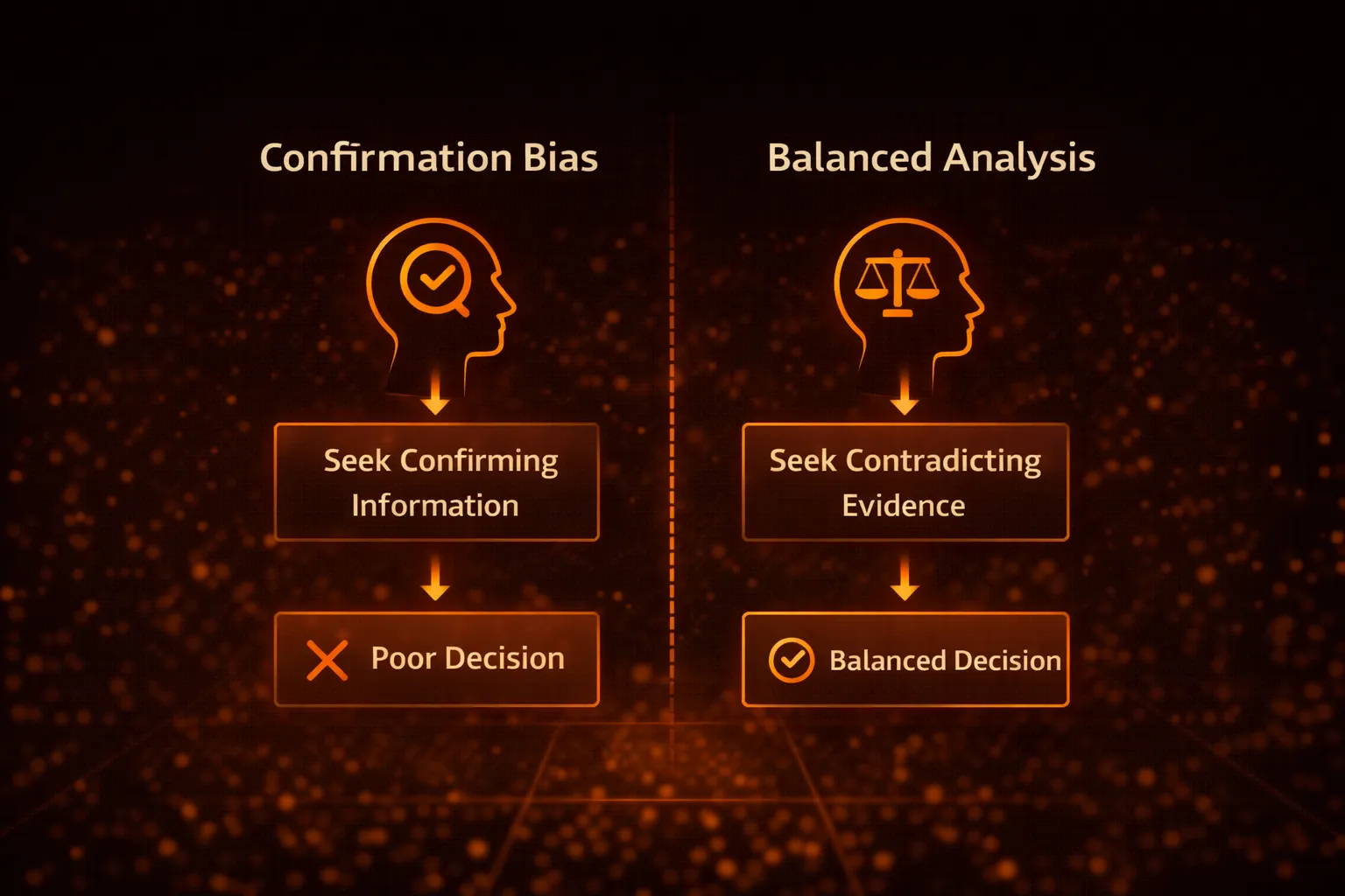 Diagram showing confirmation bias versus balanced analysis in trading - MonkeyTrade Diagram showing confirmation bias versus balanced analysis in trading