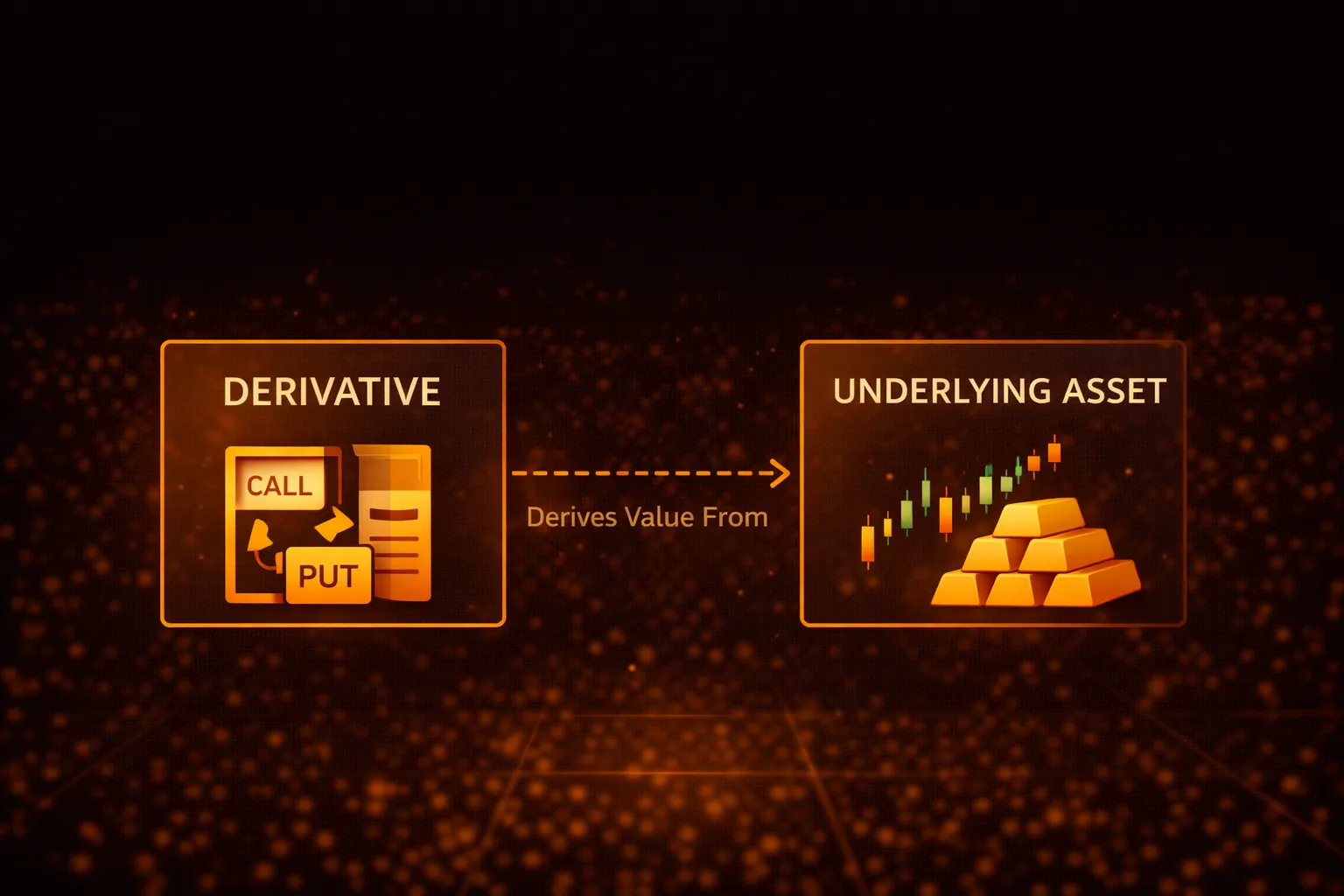 Diagram showing how a derivative contract derives its value from an underlying asset like stocks or commodities - MonkeyTrade Diagram showing how a derivative contract derives its value from an underlying asset like stocks or commodities