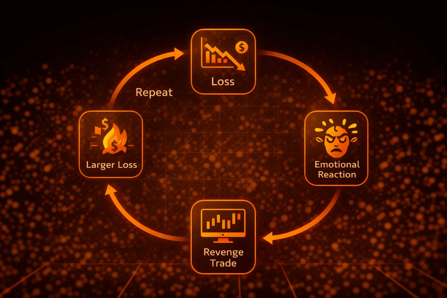 Diagram showing the revenge trading cycle and how emotional decisions compound losses - MonkeyTrade Diagram showing the revenge trading cycle and how emotional decisions compound losses