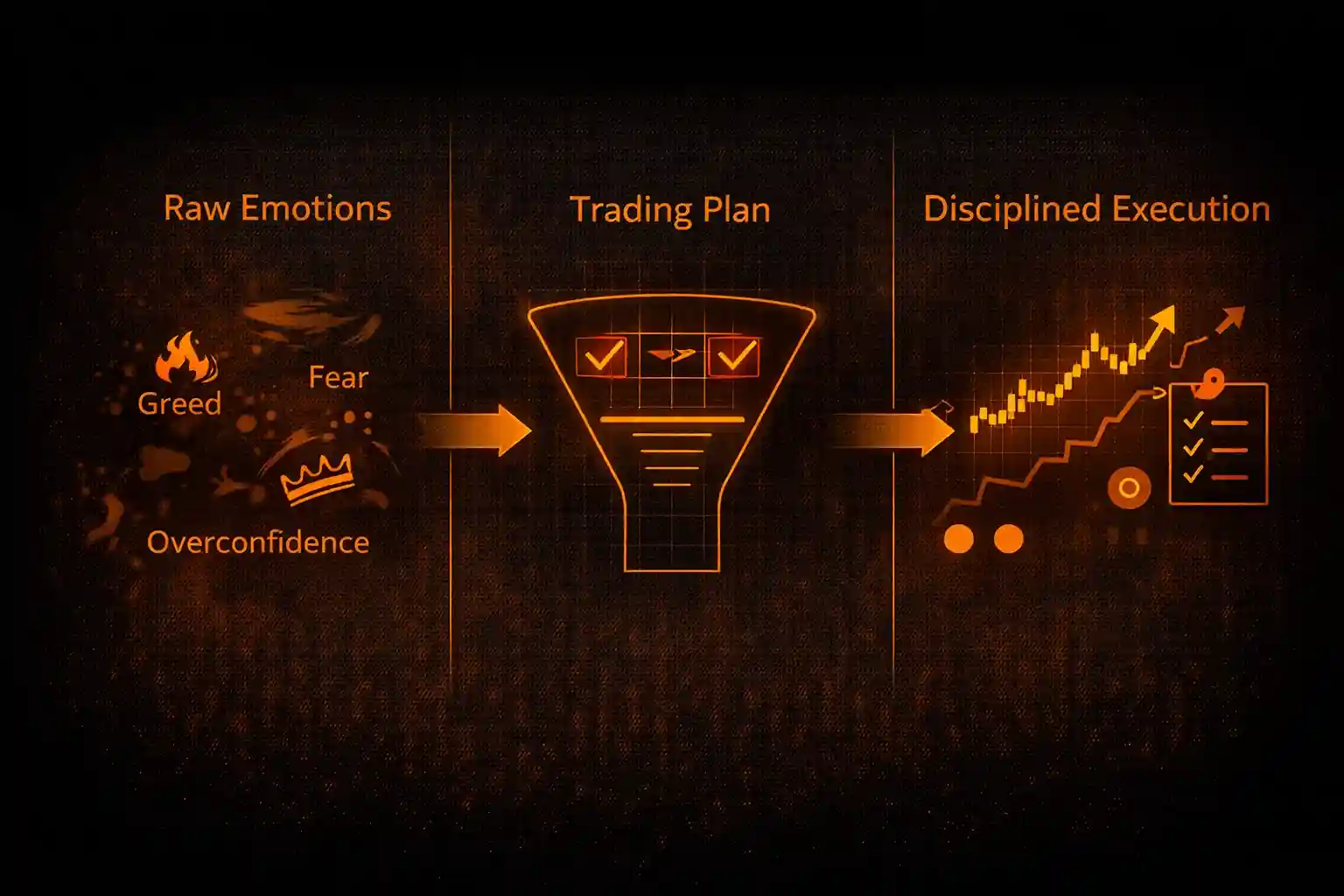 Diagram showing trading plan filtering emotions like greed and fear into disciplined execution