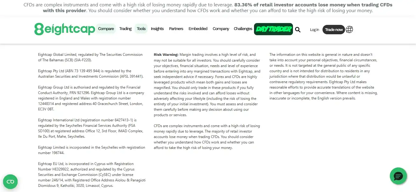 Eightcap regulatory license details from ASIC FCA and CySEC authorities