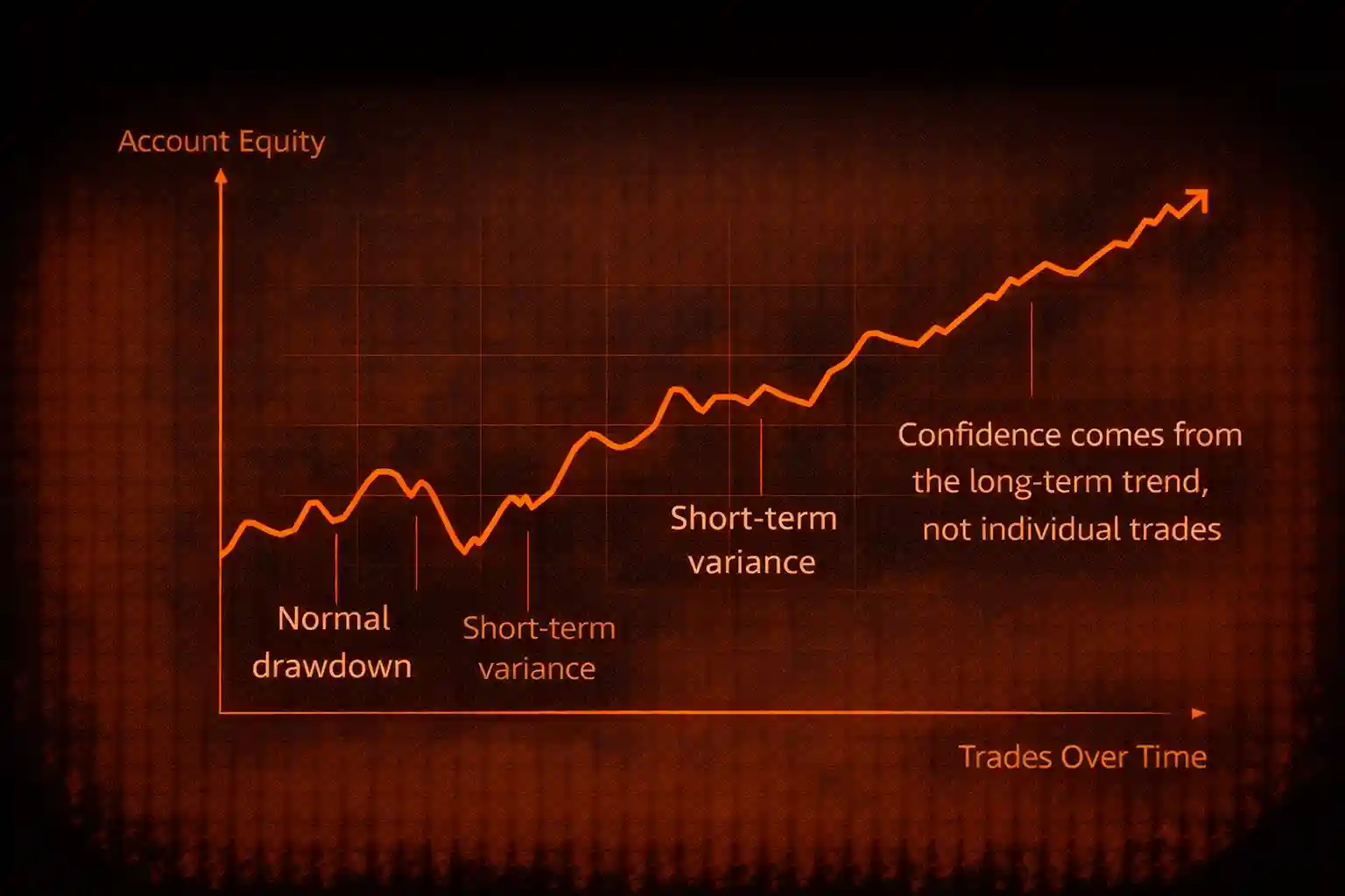Equity curve line chart showing an upward trend with natural drawdowns, illustrating long-term trading confidence - MonkeyTrade Equity curve line chart showing an upward trend with natural drawdowns, illustrating long-term trading confidence
