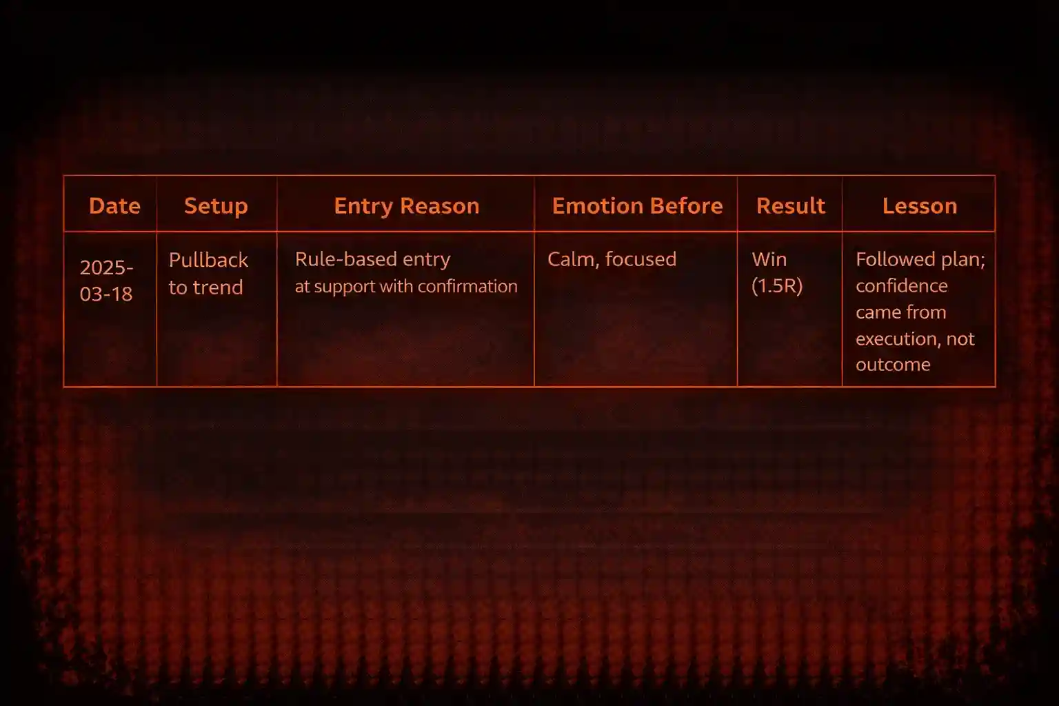 Example trading journal entry with columns for date, setup, entry reason, emotion, result, and lesson learned - MonkeyTrade Example trading journal entry with columns for date, setup, entry reason, emotion, result, and lesson learned