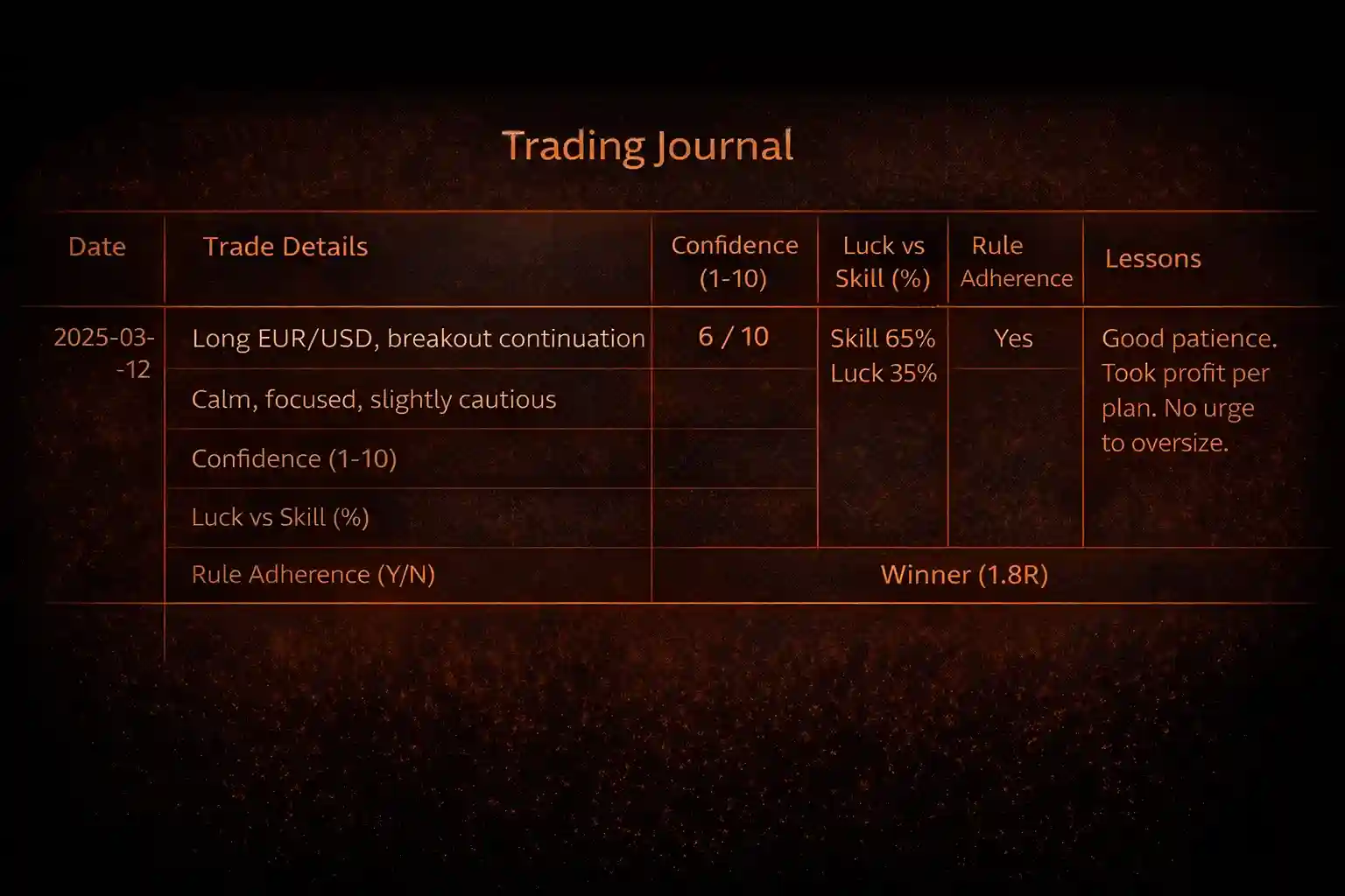 Example trading journal layout with fields for tracking emotions, confidence levels, and pride after winning trades