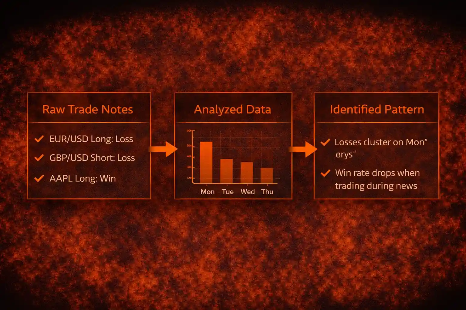 Flowchart showing how raw trade journal data is analyzed to reveal trading performance patterns