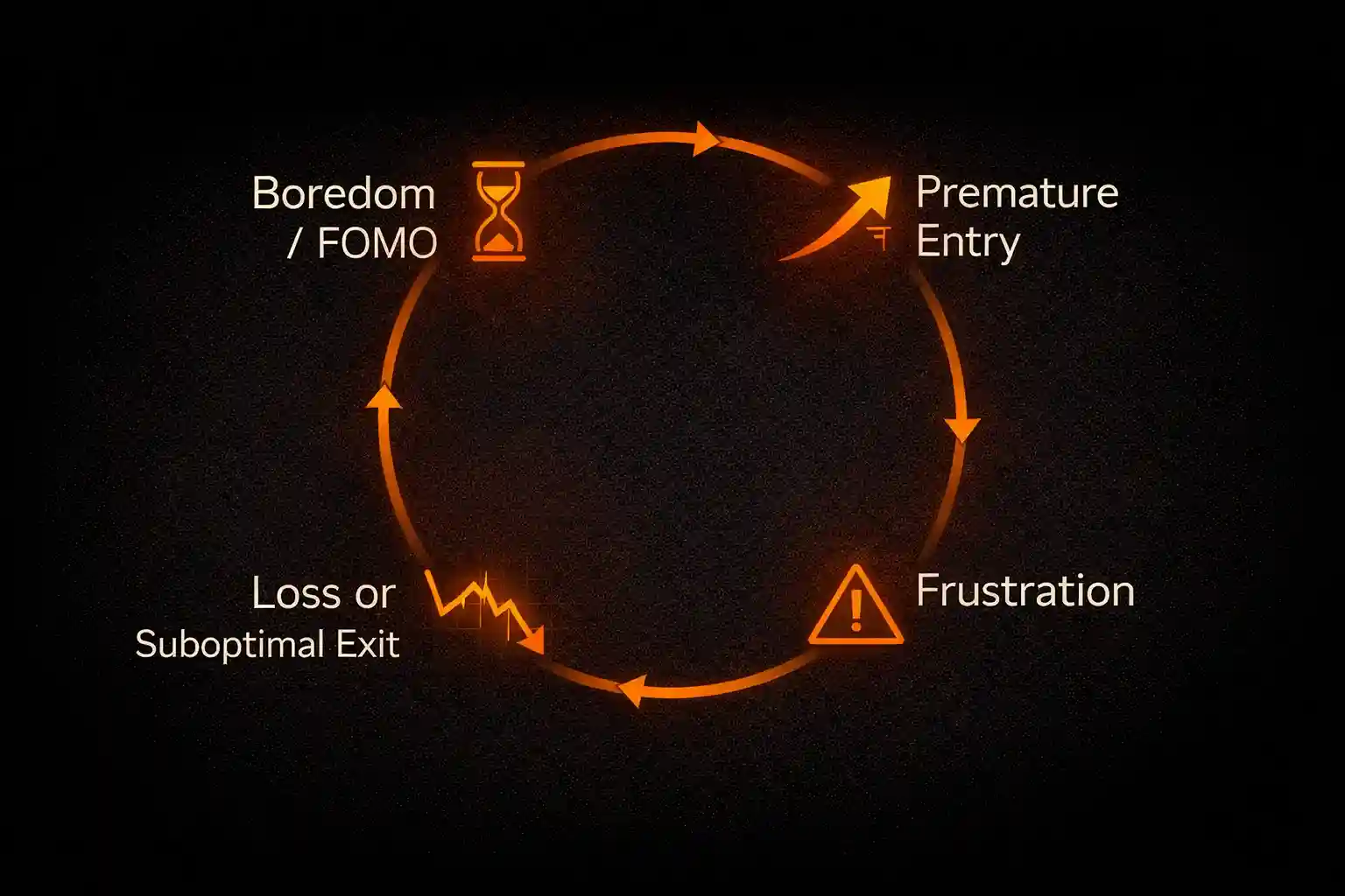 Flowchart showing the trading impatience cycle from FOMO to premature entry to loss to frustration and back