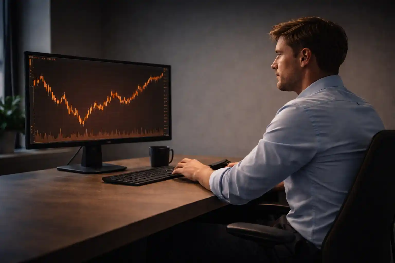 Focused trader sitting calmly at a clean desk with a single monitor showing a trading chart - MonkeyTrade Focused trader sitting calmly at a clean desk with a single monitor showing a trading chart