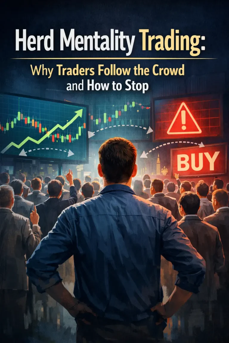 Side-by-side comparison of herd trader behaviors versus independent trader behaviors showing the difference between reactive and systematic trading approaches