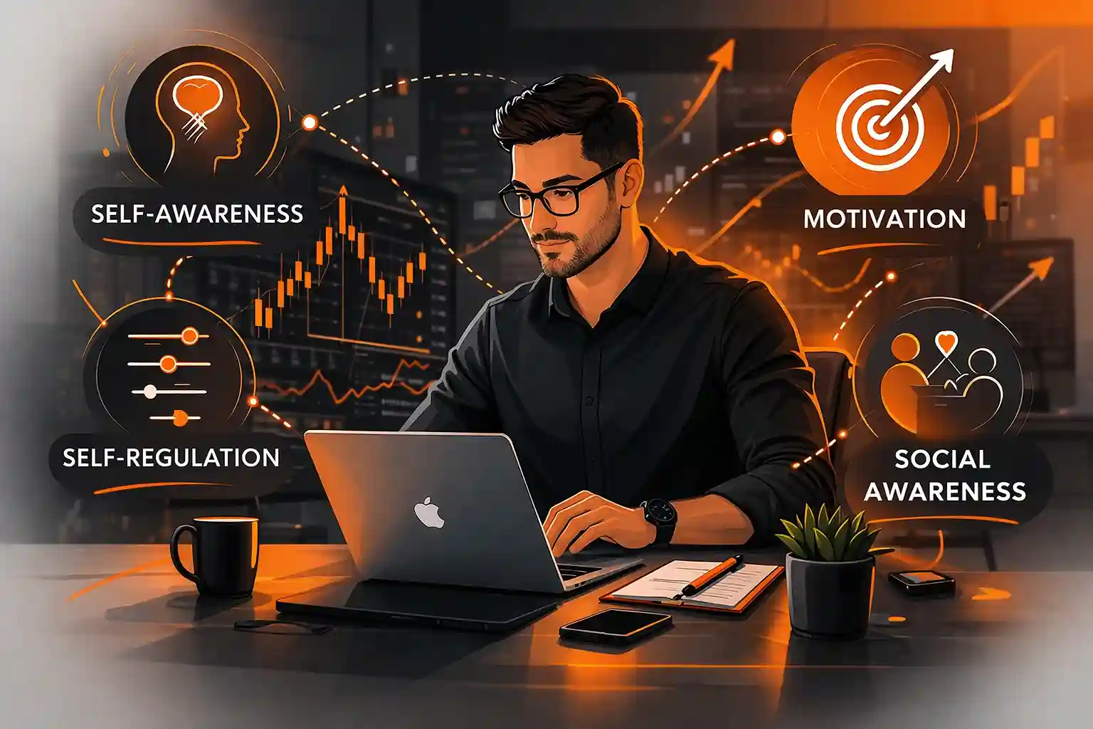 Illustration of a focused trader surrounded by icons representing the four pillars of emotional intelligence in trading