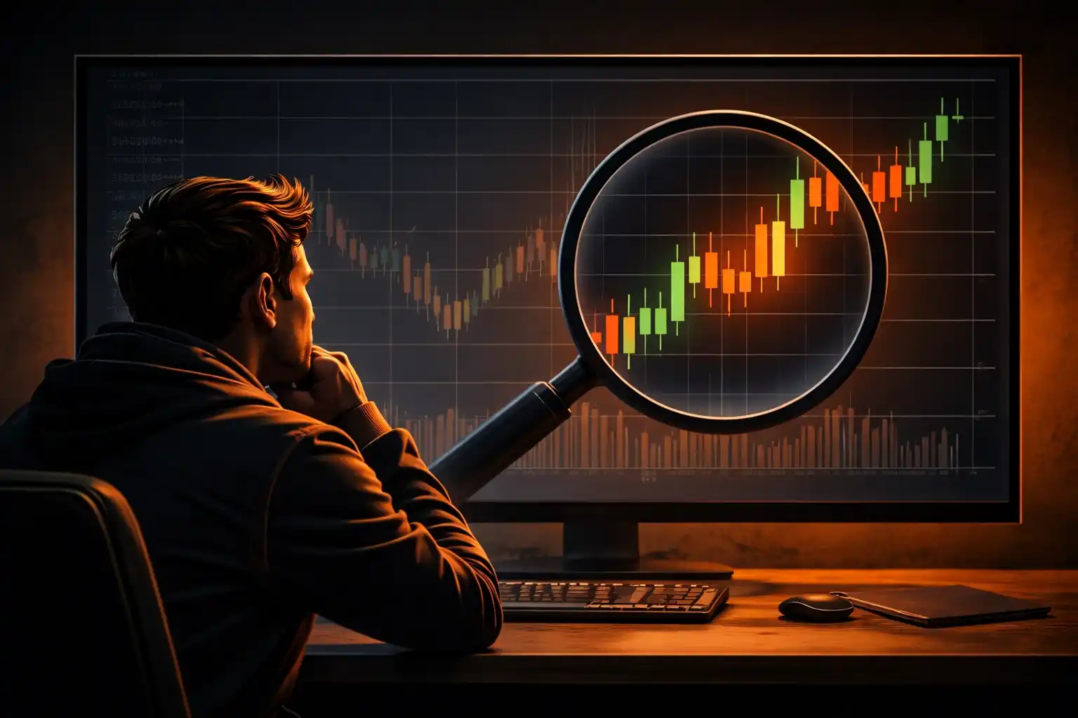 Illustration of a trader focusing a magnifying glass on recent price chart candles while earlier data fades, representing recency bias in trading
