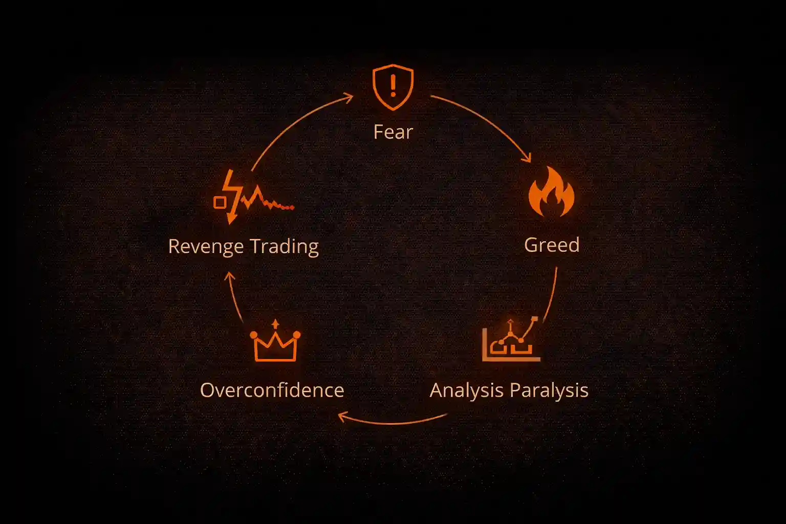 Infographic showing five core trading psychology challenges — fear, greed, revenge trading, overconfidence, and analysis paralysis — in an interconnected cycle