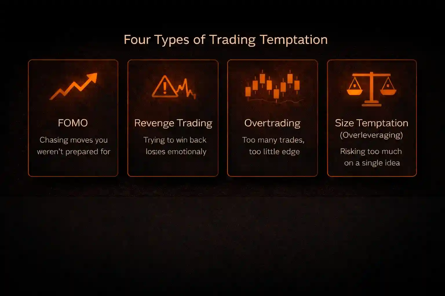Infographic showing four types of trading temptation_ FOMO, revenge trading, overtrading, and overleveraging
