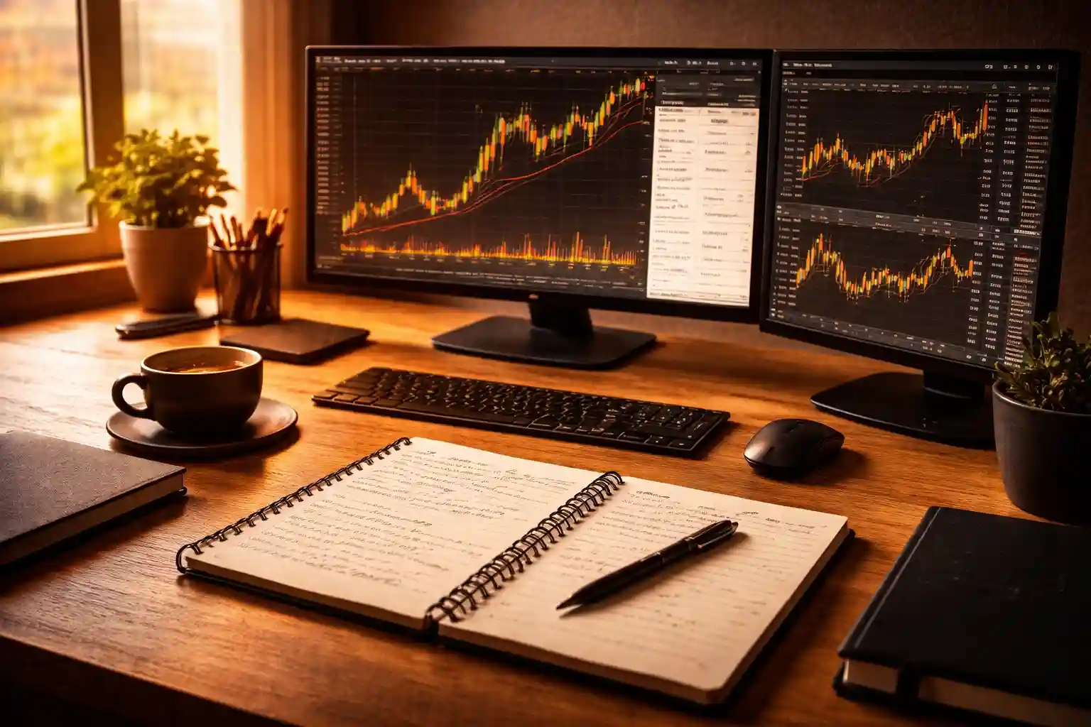 Organized trading desk with monitors showing charts, open trading journal, and coffee cup in morning light - MonkeyTrade Organized trading desk with monitors showing charts, open trading journal, and coffee cup in morning light