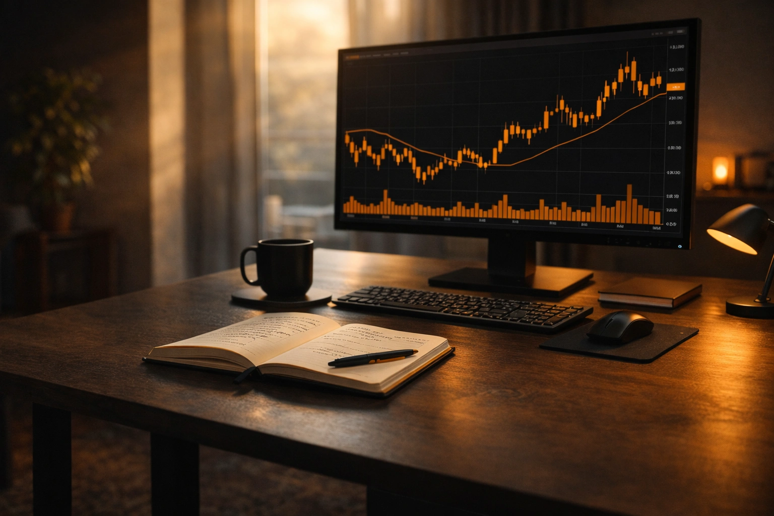 Organized trading desk with notebook and market chart in early morning light showing pre-market preparation - MonkeyTrade Organized trading desk with notebook and market chart in early morning light showing pre-market preparation
