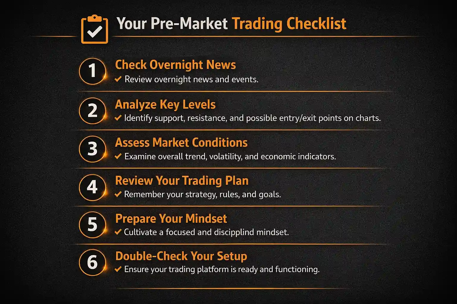 Printable pre-market trading checklist summary showing all six preparation steps - MonkeyTrade Printable pre-market trading checklist summary showing all six preparation steps
