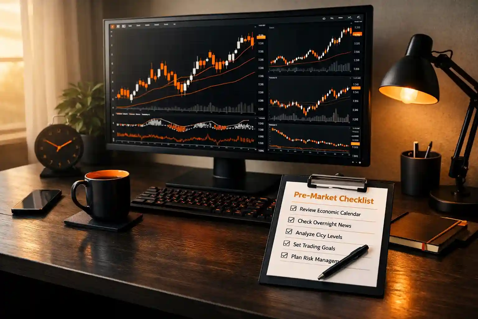 Professional trading desk setup with charts on monitor and pre-market checklist during morning preparation - MonkeyTrade Professional trading desk setup with charts on monitor and pre-market checklist during morning preparation