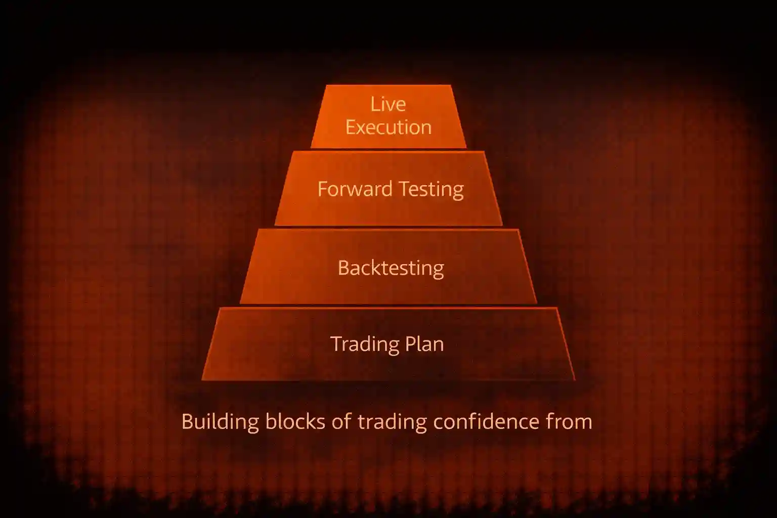 Pyramid diagram showing the building blocks of trading confidence from trading plan to live execution - MonkeyTrade Pyramid diagram showing the building blocks of trading confidence from trading plan to live execution