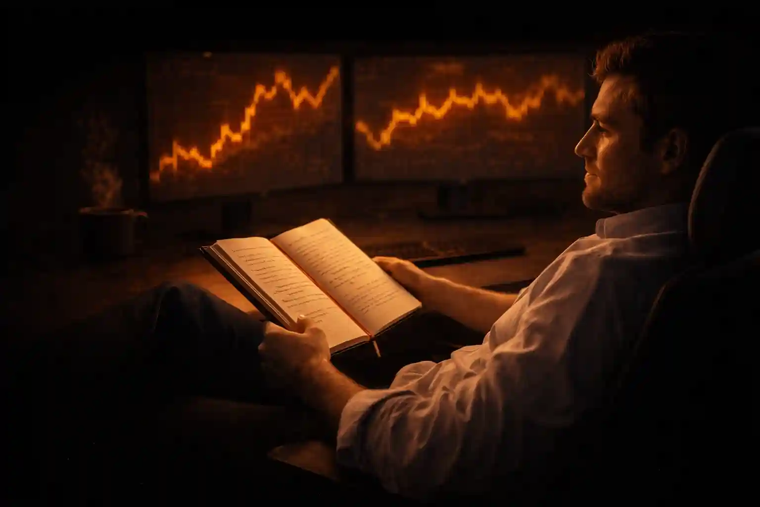 Relaxed trader reviewing a journal and sitting back from trading screens with calm composure - MonkeyTrade Relaxed trader reviewing a journal and sitting back from trading screens with calm composure