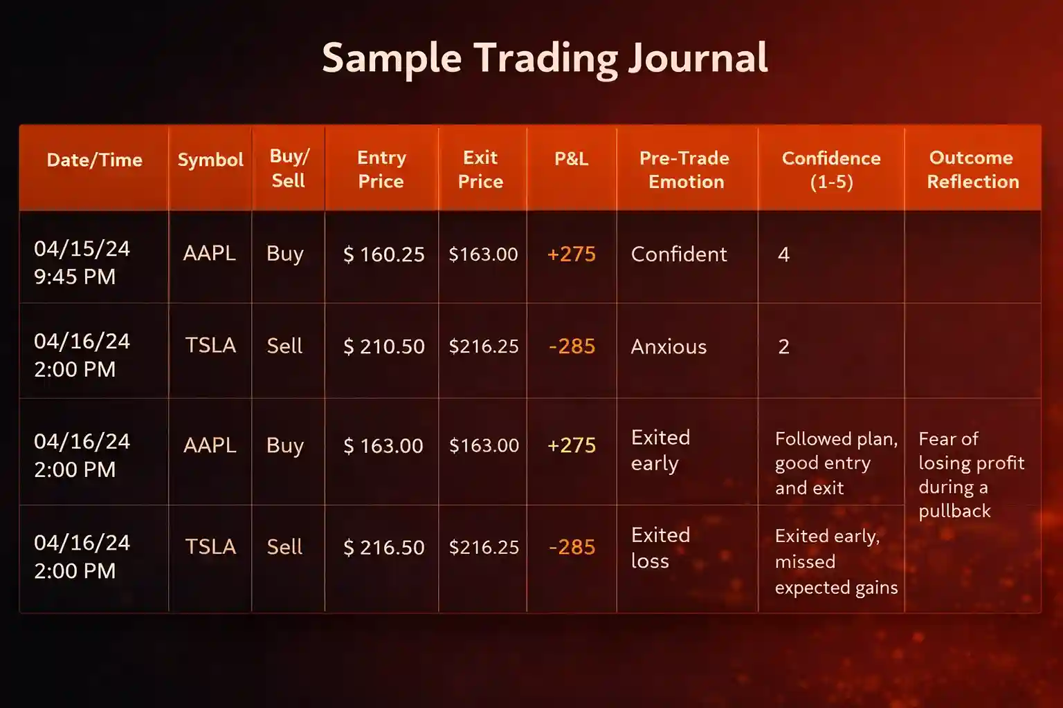 Sample trading journal layout with emotional tracking columns including pre-trade emotion and confidence level