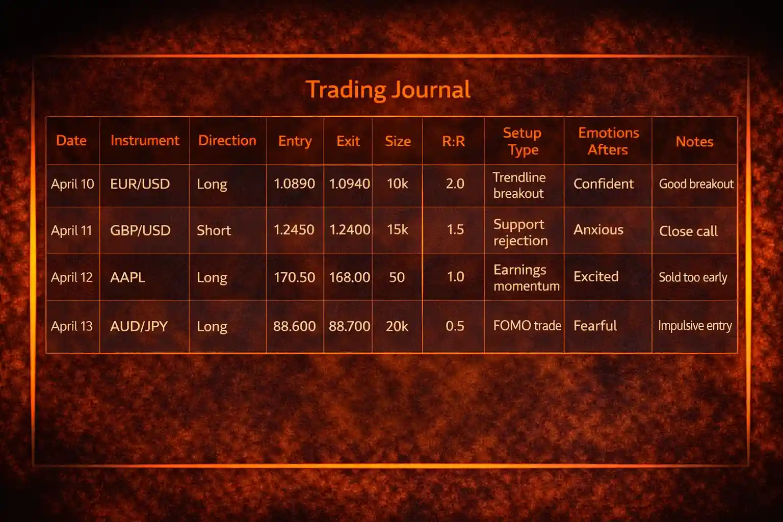 Sample trading journal spreadsheet template with example trade entries filled in - MonkeyTrade Sample trading journal spreadsheet template with example trade entries filled in