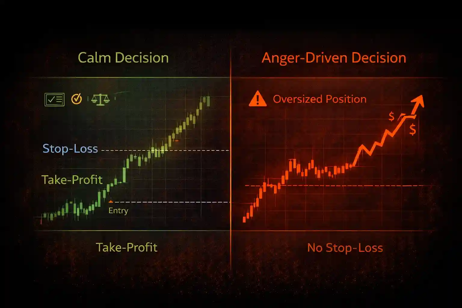 Side-by-side comparison of calm trading decision with stop-loss versus anger-driven oversized position - MonkeyTrade Side-by-side comparison of calm trading decision with stop-loss versus anger-driven oversized position