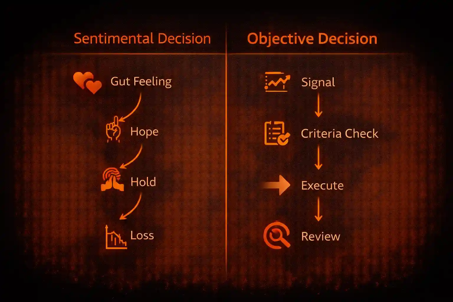 Side-by-side comparison of sentimental versus objective trading decision-making processes - MonkeyTrade Side-by-side comparison of sentimental versus objective trading decision-making processes