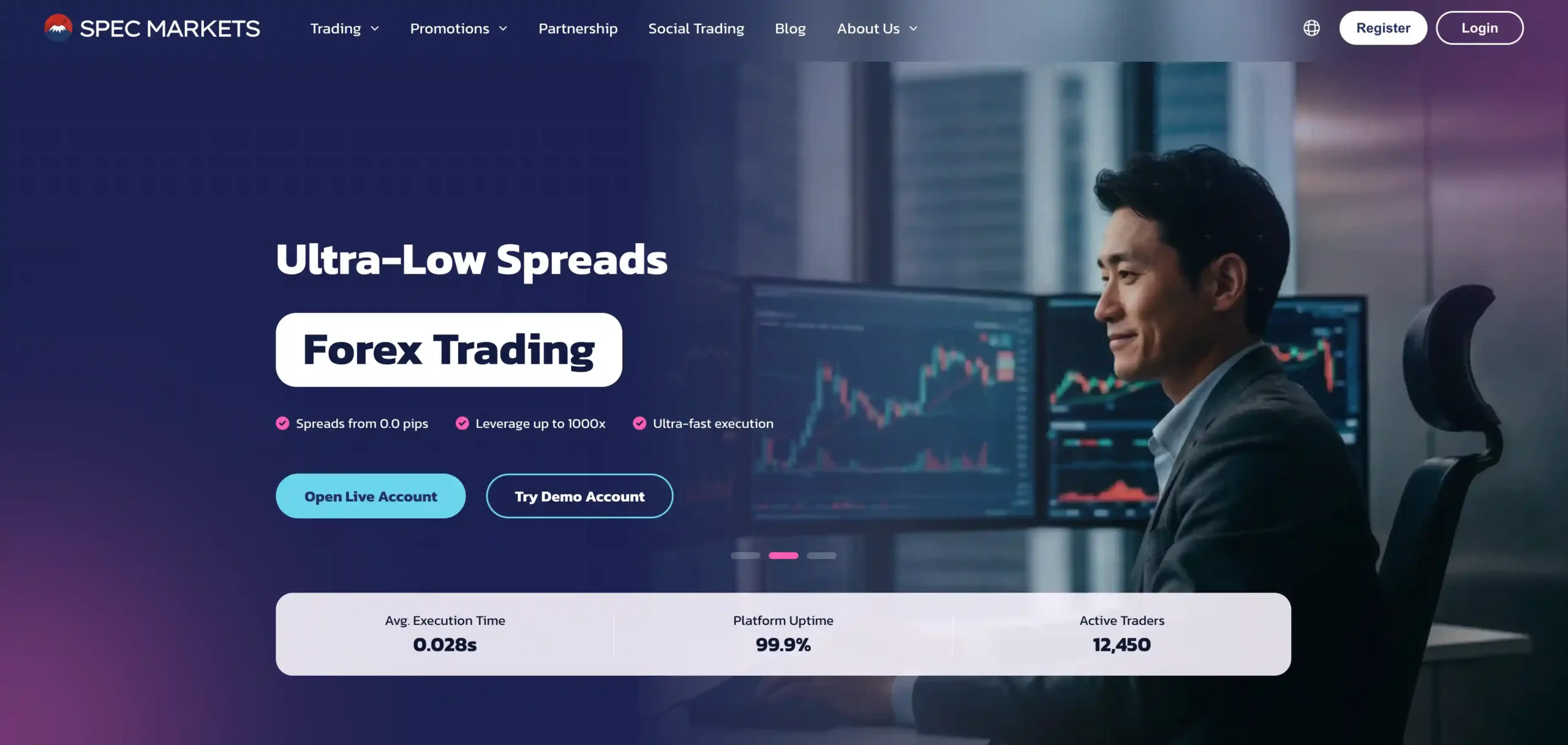 Spec Markets homepage displaying features and account options