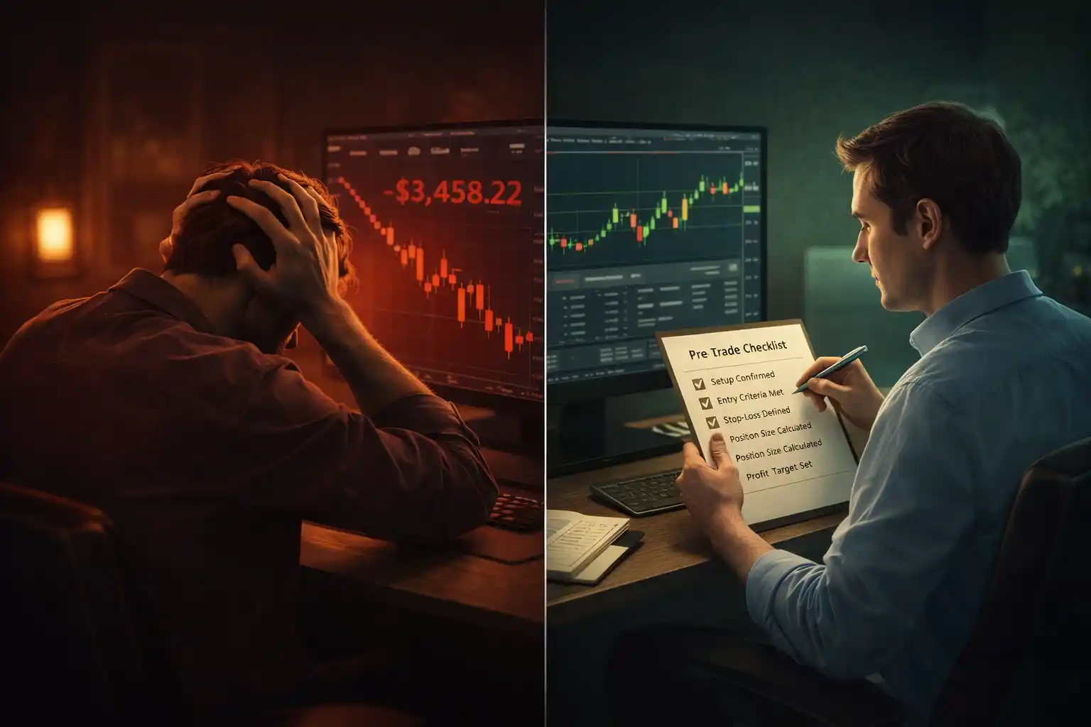 Split comparison of a stressed hopeful trader watching losses versus a calm strategic trader reviewing a checklist - MonkeyTrade Split comparison of a stressed hopeful trader watching losses versus a calm strategic trader reviewing a checklist